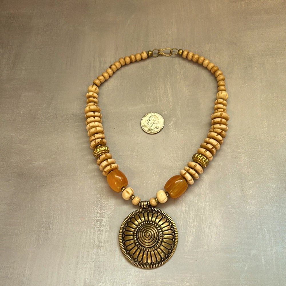 Brass Metal Camel Bone Handmade Chunk Necklace from India